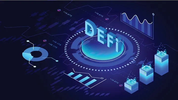 DeFi yazısı çevresinde finans grafikleri ve dijital simgeler